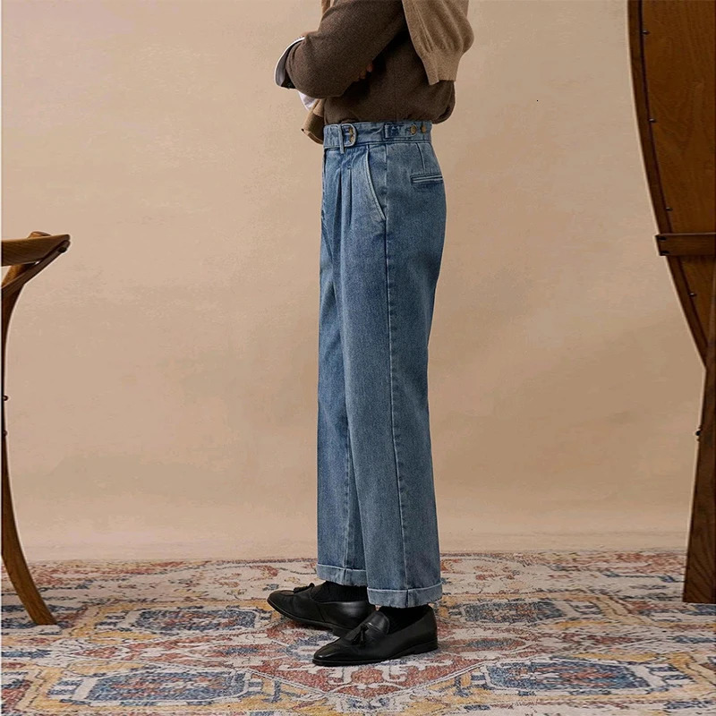 Mens Naples Slim-fit High Waist Dress Denim Pants Fashion Solid Color British Retro Premium Elegant Leisure Trousers 250707