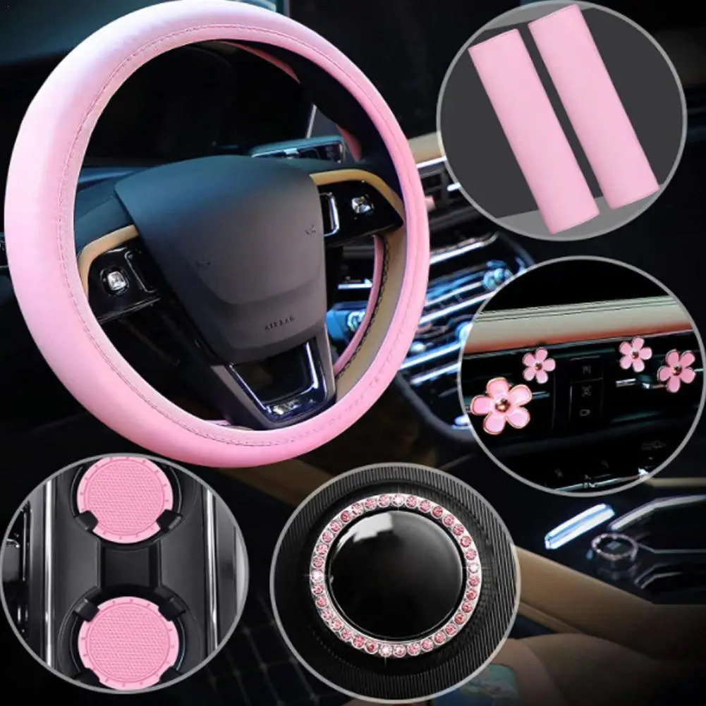 10Pcs Leather Steering Wheel Cover For Women Cute Car Accessories Set With Seat Belt Shoulder Pads Cup Holders Car Decorations 250715