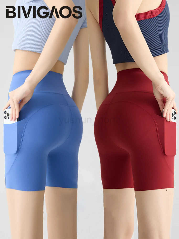 Bivigaos Summer Pocket High Waist Sharkskin Shorts Women Tight Butt Lifter Naked Feeling Sexy Sport Fitness Yoga Bicycle Shorts M250717