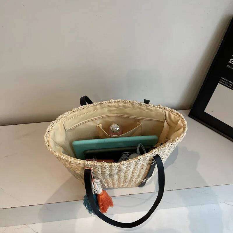 Designer Straw For Women Handmade Woven Handbag Rattan 2025 Summer Beach Shoulder Bag Female Basket Shopper Bags