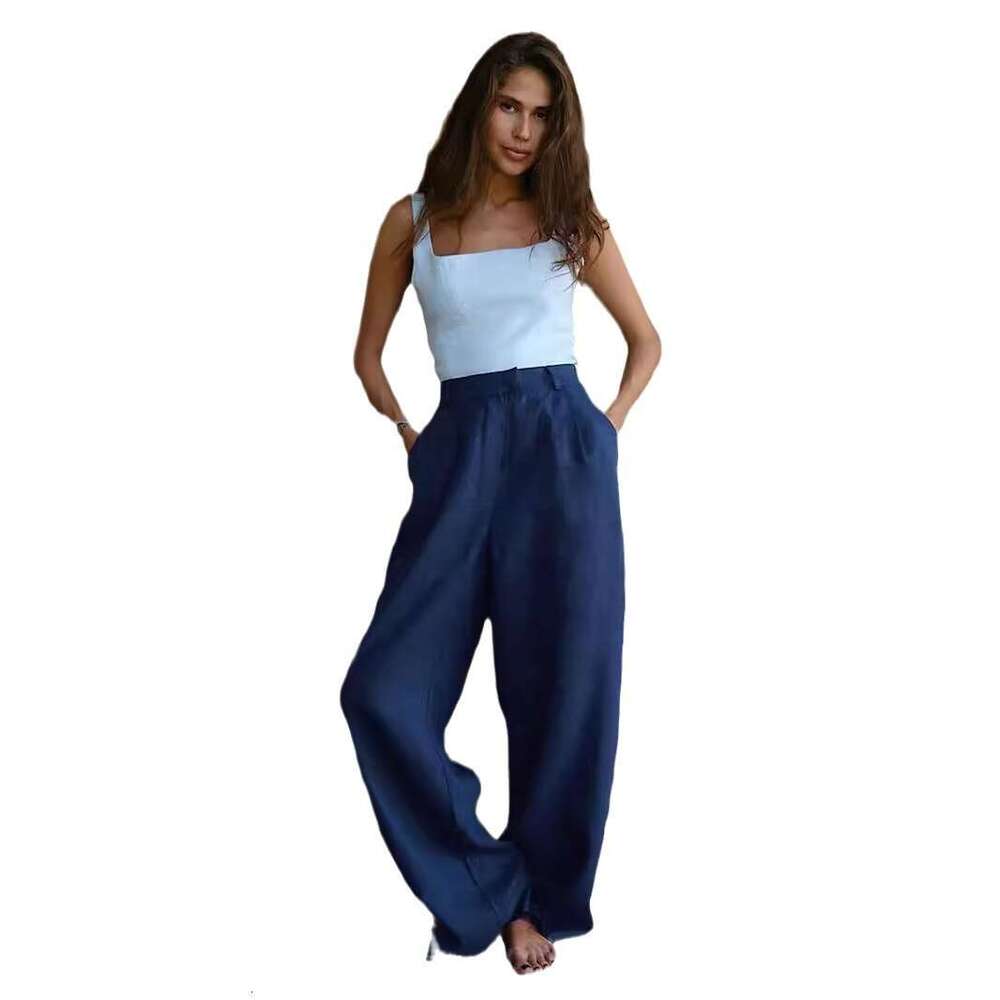 Summer New Women's Elegant Commuter Straight Casual Floor-Length Cotton Linen Pants B5