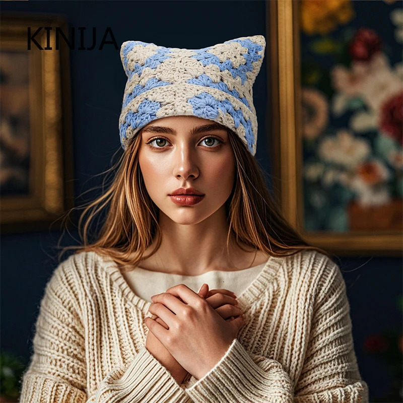 Handmade Beanie Hat Millennium Women Kawaii Y2K Harajuku Punk Gothic Knitted Cap Winter Female Men Retro Fashion Cold Hat 250717