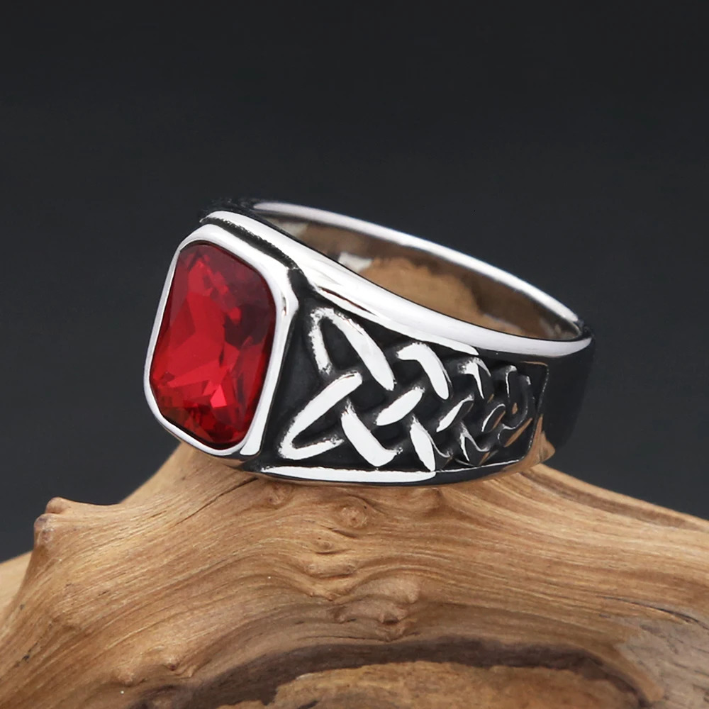 Punk Vintage Square Red Stone Signet Rings For Men Women Stainless Steel Nordic Vikings Knot Rune Ring Fashion Jewelry Wholesale 250716