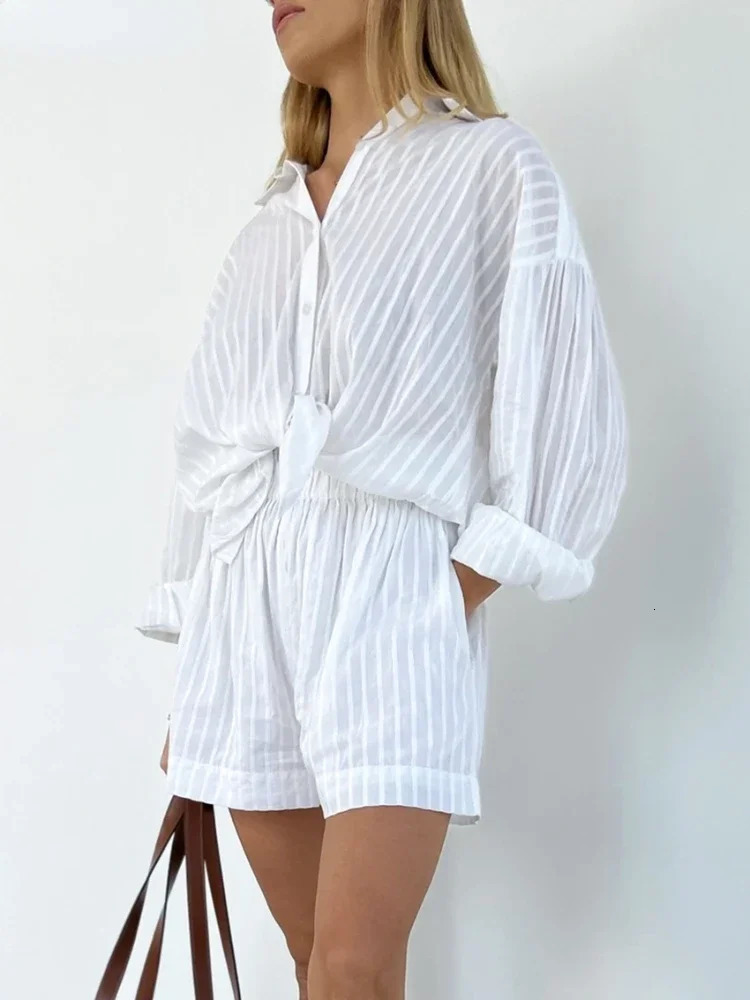 Wolfeel Casual Shorts Sets Striped Jacquard 2 Pieces Cozy Lapel Lantern Sleeve Shirt Summer Outfit Elastic Waist Suits 250714