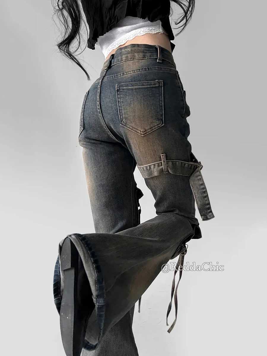 Reddachich Women Low Waist Flare Cargo Jeans Vintage Washed Belted Fitted Bootcut Pants Bell Bottoms Do Old Y2K Korean Streetwear R250716