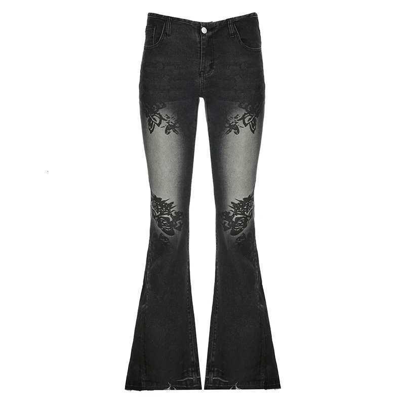 CIBBAR Streetwear Y2K Flare Jeans Distressed 2000s Floral Print Low Rise Slim Denim Pants Korean Women Trousers Retro Mom Jeans R250716