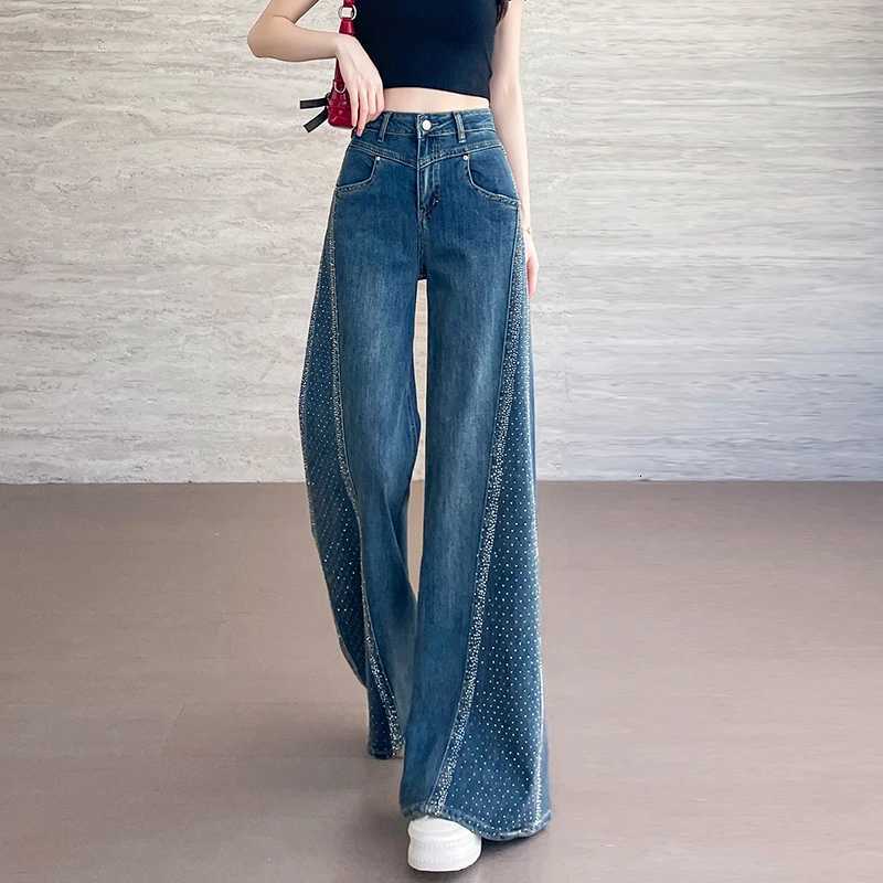 2025 Summer High Waist Wide Leg Jeans for Women Bell Bottom Pants Flared Pants Hotfix Rhinestone Patchwork Dragging Pants R250716