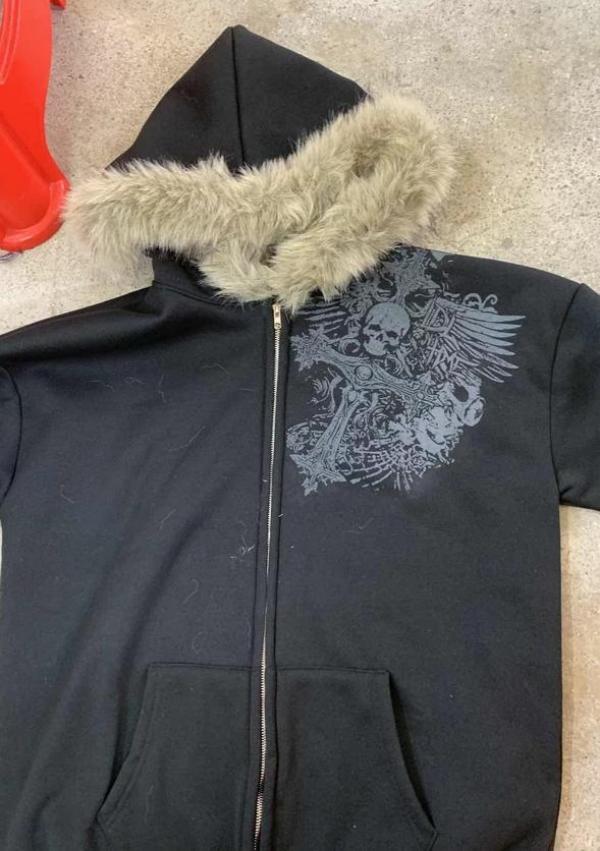 Men's Hoodies Skull Printed Gothic Black Faux Fur Collar Hooded Coats Zipper Fleece Hip Hop Sweatshirts Oversized Jackets Men
