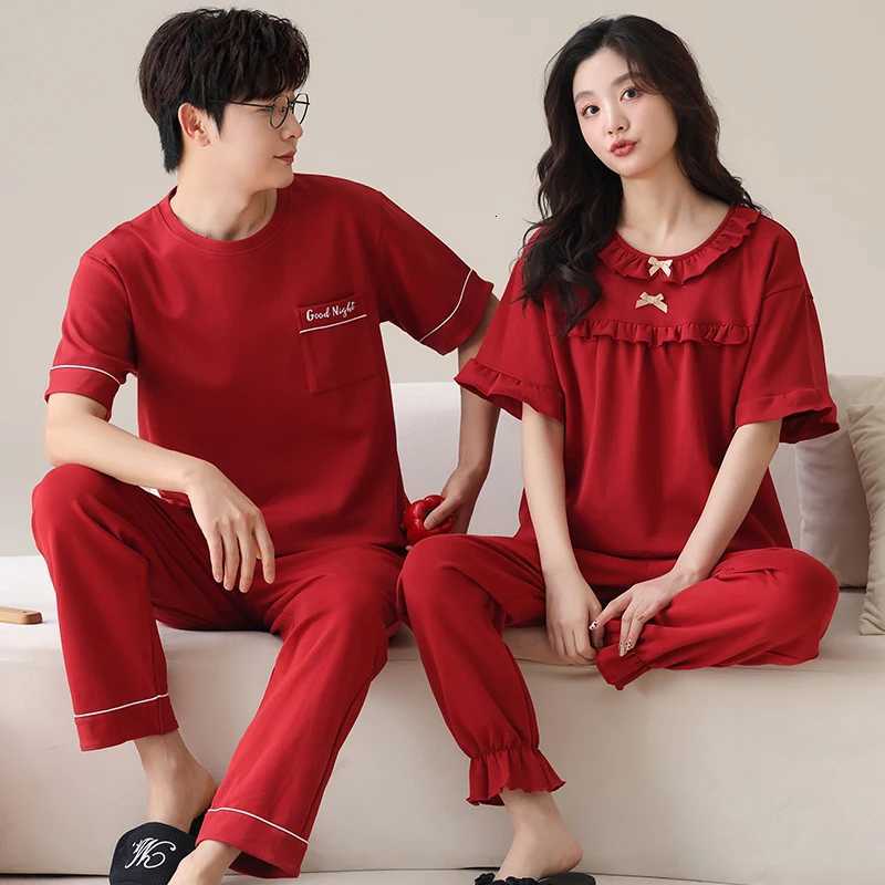 100% Cotton Fashion Women Short Sleeve Long Pants Sleepwear Set Couples Festive Red Color Pajamas Summer Home Lounge Gift W250717
