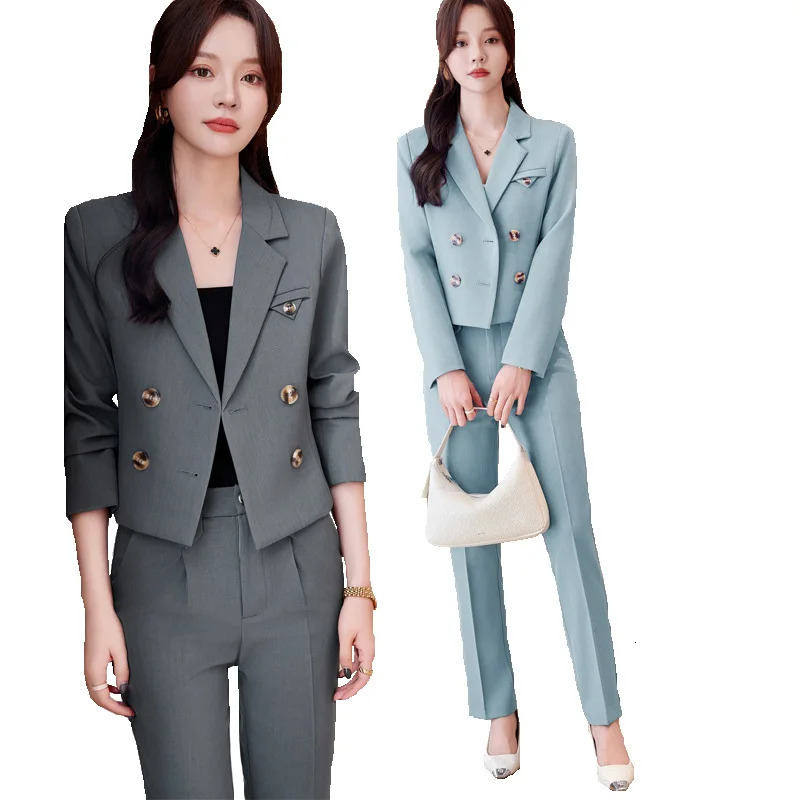 Solid Suits for Women 2024 Spring Fashion Office Ladies Long Sleeve Double Breasted Short Tops Chic Slim High Waisted Pant 250714