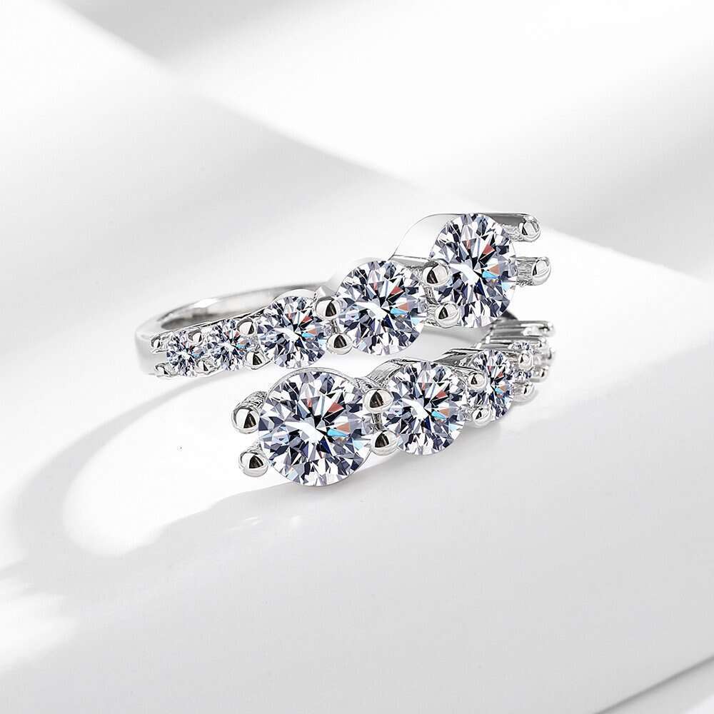 INS Light Luxury Platinum-Plated Diamond Moissanite Double Row Inlaid Open Proposal Women's Index Finger Ring 4ac