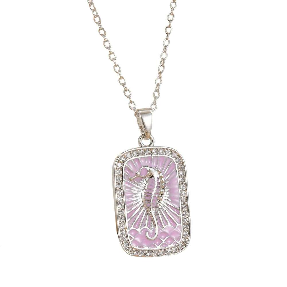 Vacation Style Colorful Tarot Card Necklace Square Inlaid Zircon Pendant Seahorse Dolphin Palm Tree Marine Life Clavicle Chain For Women F38