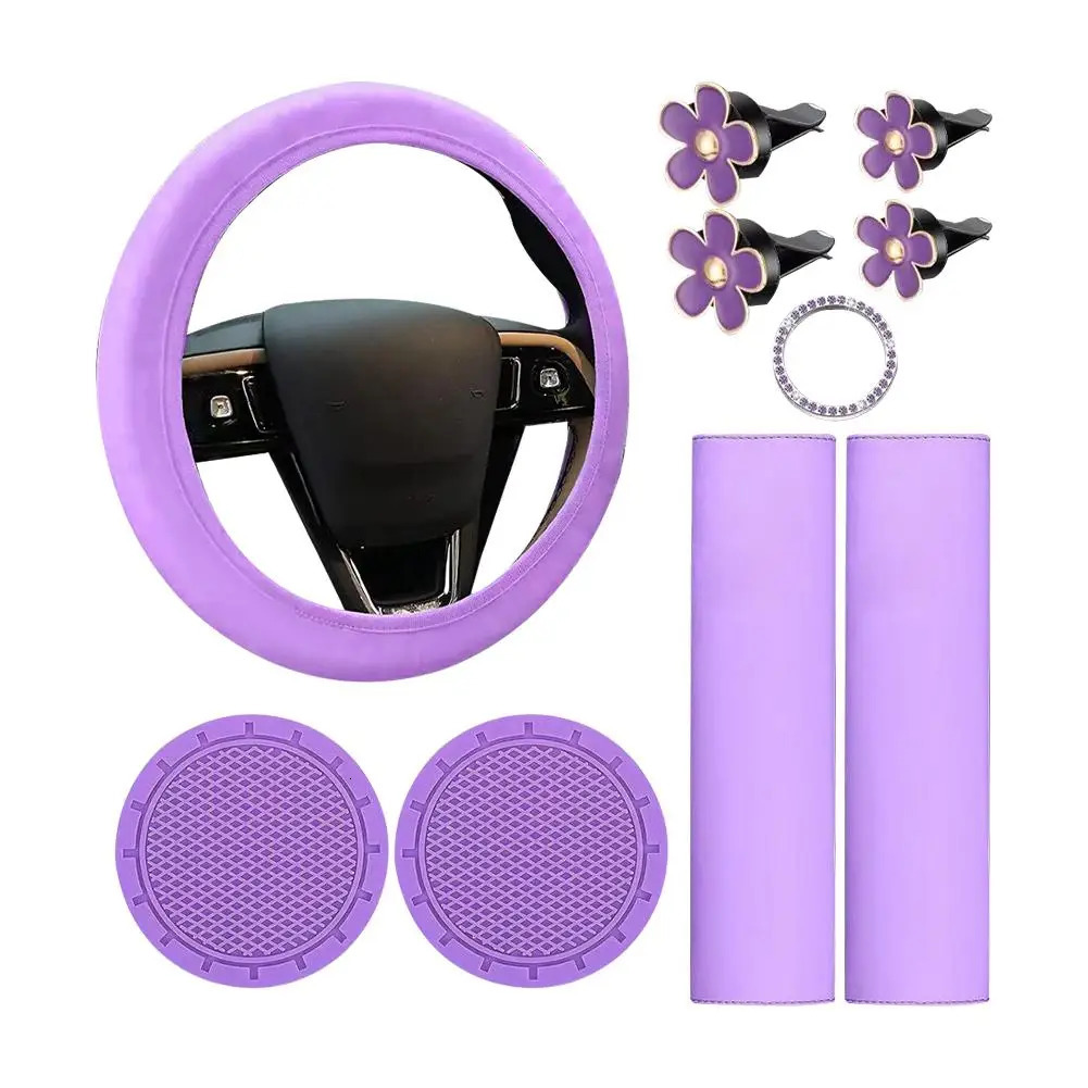 10Pcs Leather Steering Wheel Cover For Women Cute Car Accessories Set With Seat Belt Shoulder Pads Cup Holders Car Decorations 250715