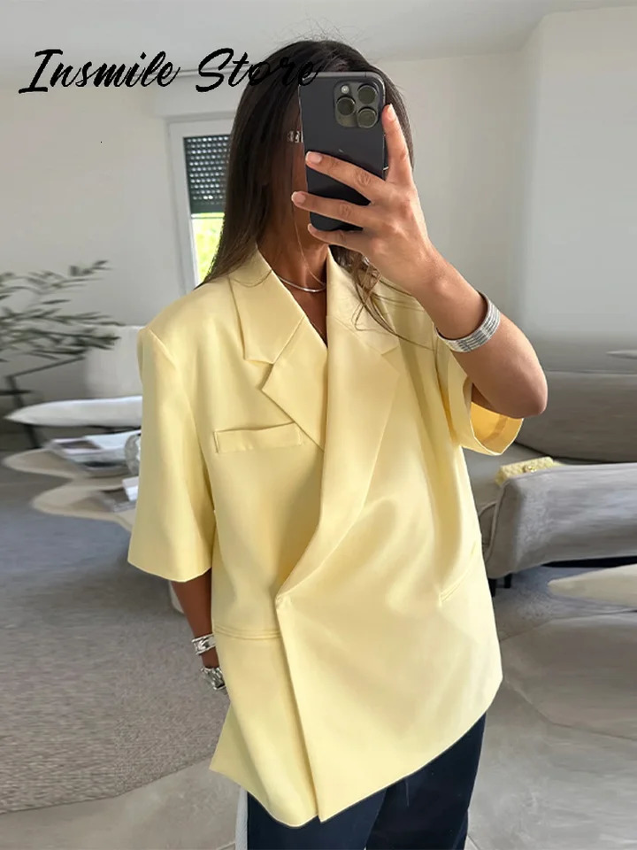 Casual One Button Blazers Women Loose Solid Lapel Half Sleeve Pockets Suit Jackets 2025 Spring Summer Office Lady Outwear 250715