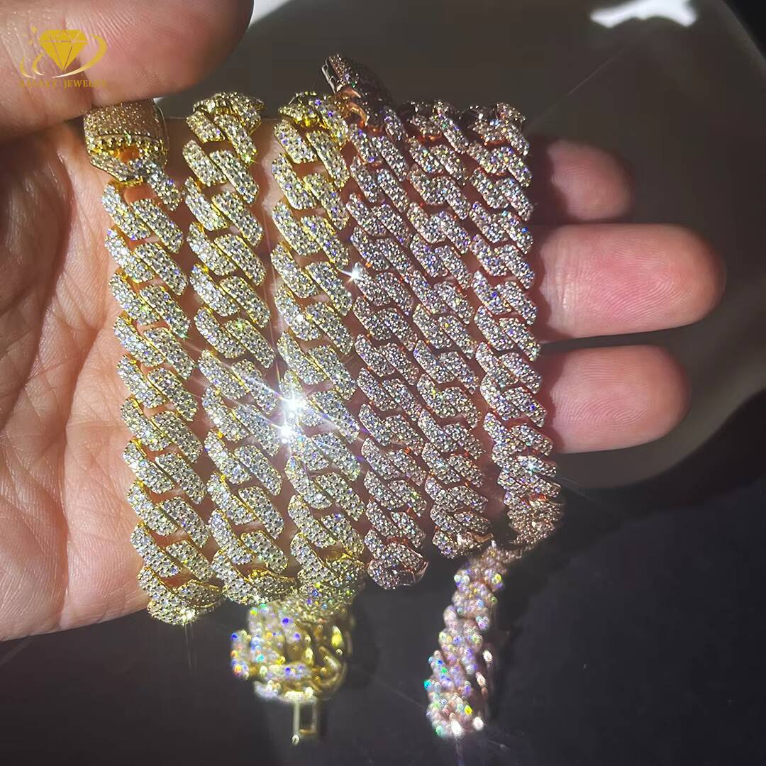 Hot Selling Pass Diamond Tester 925 Silver Moissanite 12mm Cuban Link Two Rows Iced Out 6mm Hip Hop Diamond Cuban Chain