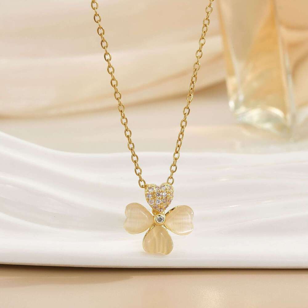 High-End Cat's Eye Stone Four-Leaf Flower Necklace Light Niche New Trendy Collarbone Chain Fashion Simple Choker Decoration 67E