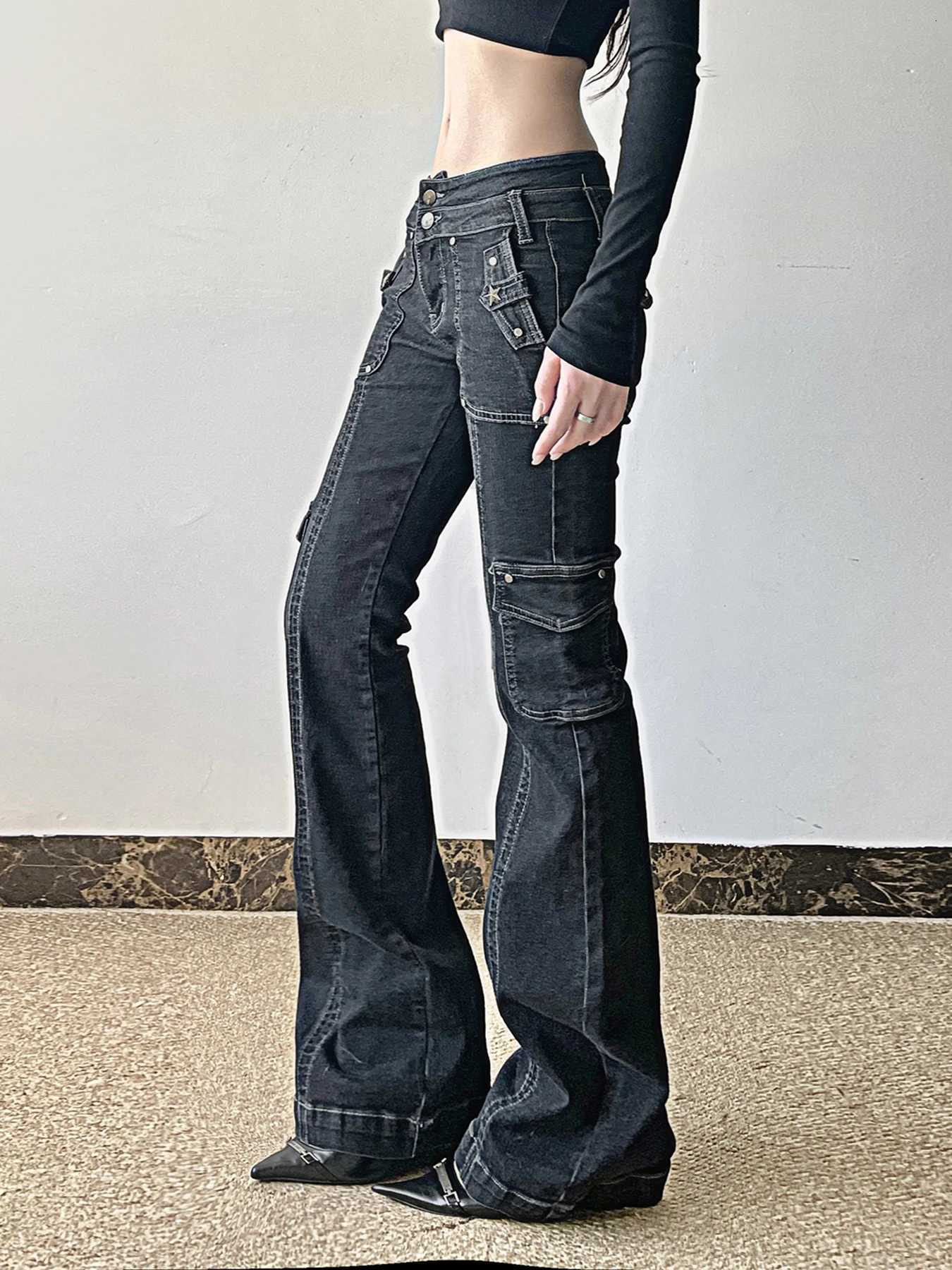 Weekeep Punk Style Star-shaped Rivet Jeans Low Rise Multi-pockets Patchwork Denim Cargo Pants Korean Fashion Hippie Flared Jeans R250716