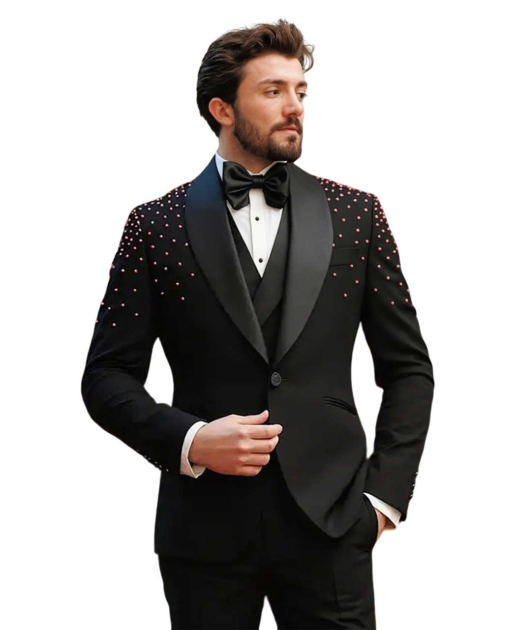 New Fashion Beads Jacquard 2 Pieces Men Suits One Button Shawl Lapel Tuxedo Slim Wedding Groom Prom Plus Size Costume Homme Bridegroom Tailor Made Coa
