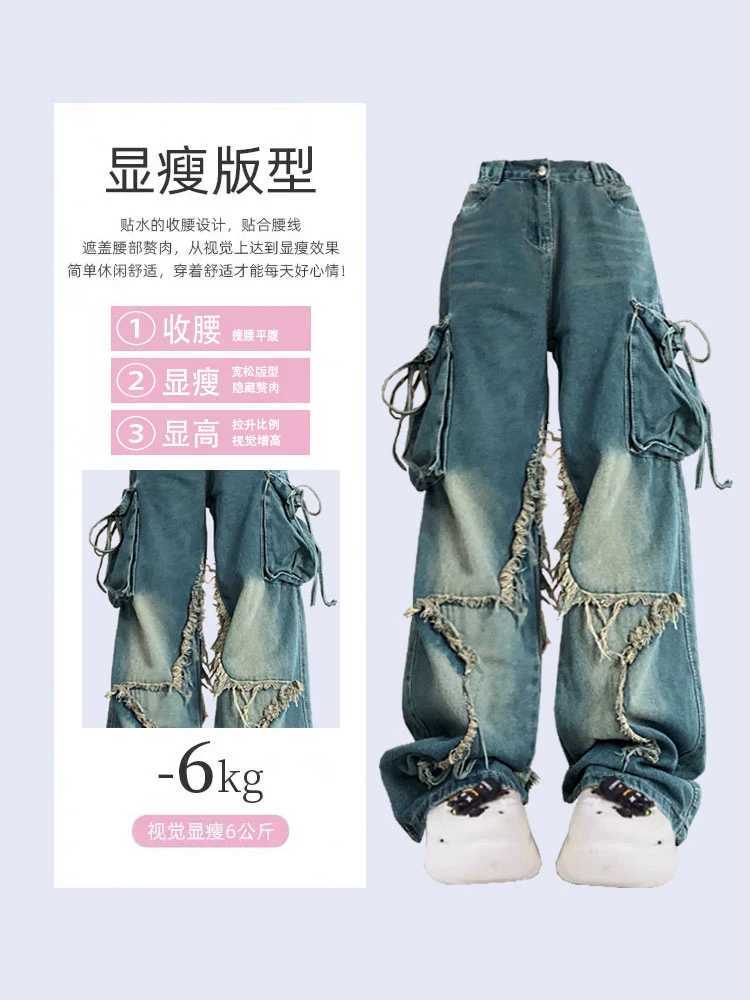 Women Blue Cargo Jeans Baggy Vintage 90s Aesthetic High Waist Cowboy Pants Harajuku Denim Trousers Y2k Trashy 2000s Clothing 2024 R250716