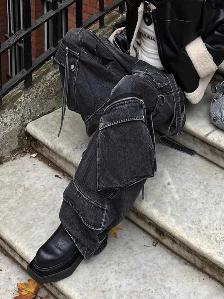 2024 Punk Style Y2K Streetwear Washed Black Baggy Cargo Jeans Pants For Women Designer Clothes Wide Leg Lady Trousers Womens Clothing R250716