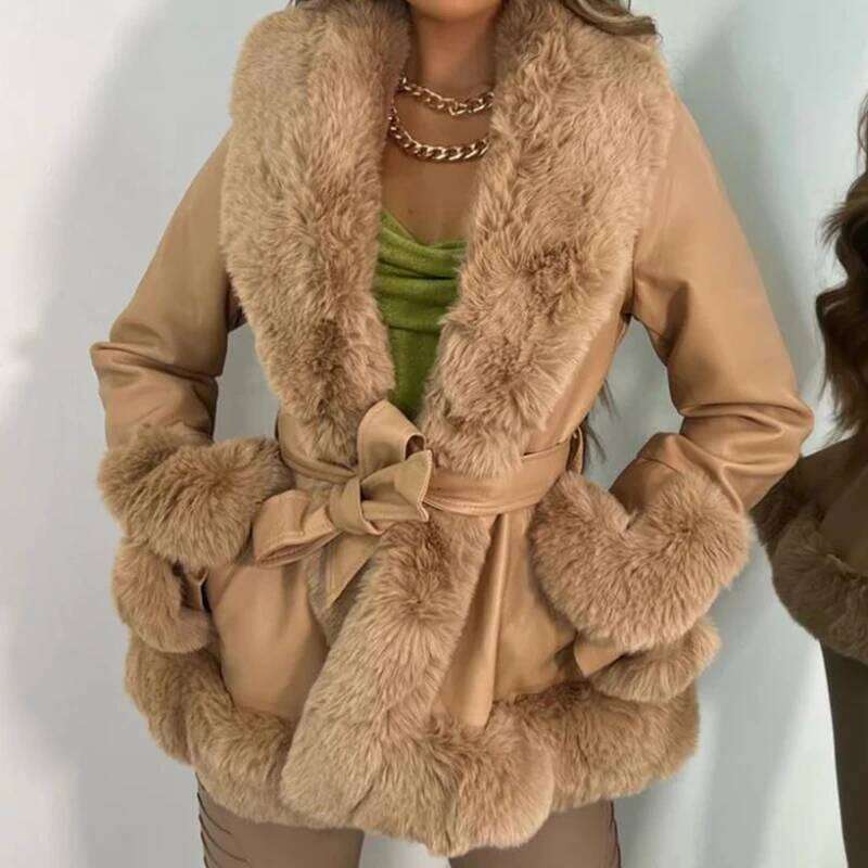 Lamuusaa Jacket Women Y2k Clothing Artificial Fur Collar V Neck Long Sleeve PU Leather Coat With Belt 2000S Clothes Outerwear