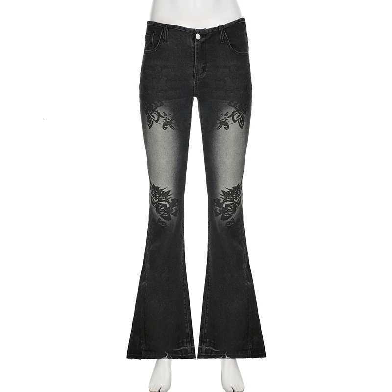 90s Vintage Plant Printed Flared Jeans Y2K Streetwear Low Waist Slim Denim Pants 2000s Washed High Street Women Trousers New R250716