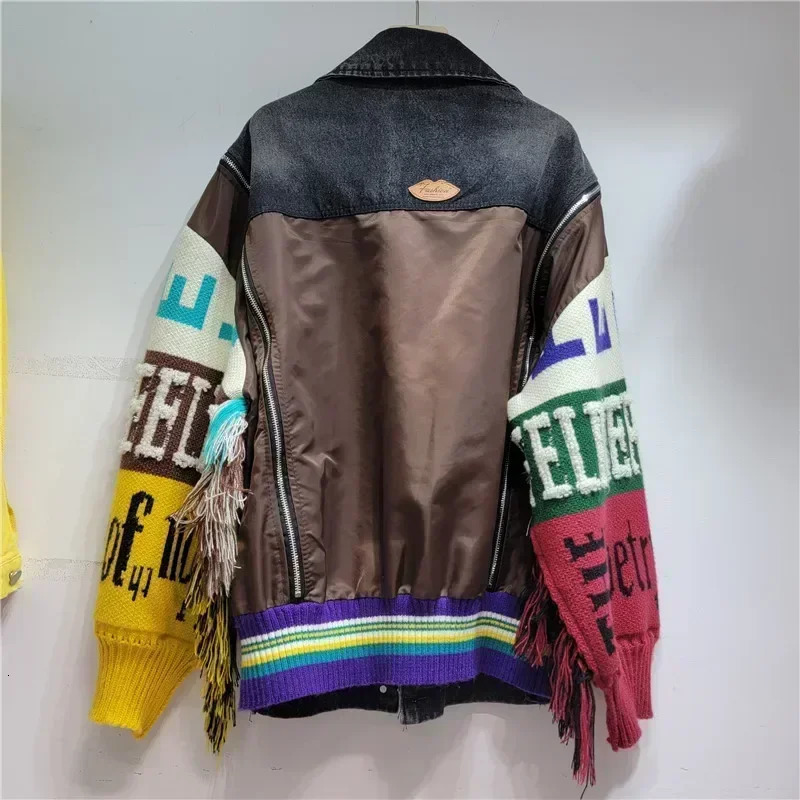 Alphabet badge denim coat knitted spliced sleeves sweater fringed jeans jacket street wear wool sweater 250717