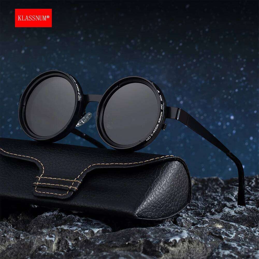 KLASSNUM New ND Filter Sunglasses ND9 Adjustable Polarized Dimming Sun Vintage Round Frame Glasses Men Fishing Driving
