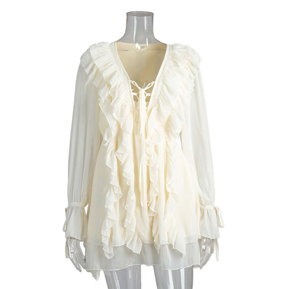 Chiffon Long Spring New Lantern Sleeve Tie Short Ruffle Dress B5