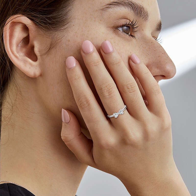 S Pure Silver Bowknot Heart Moissanite Live Sweet Fresh Personality Ring For Women 768