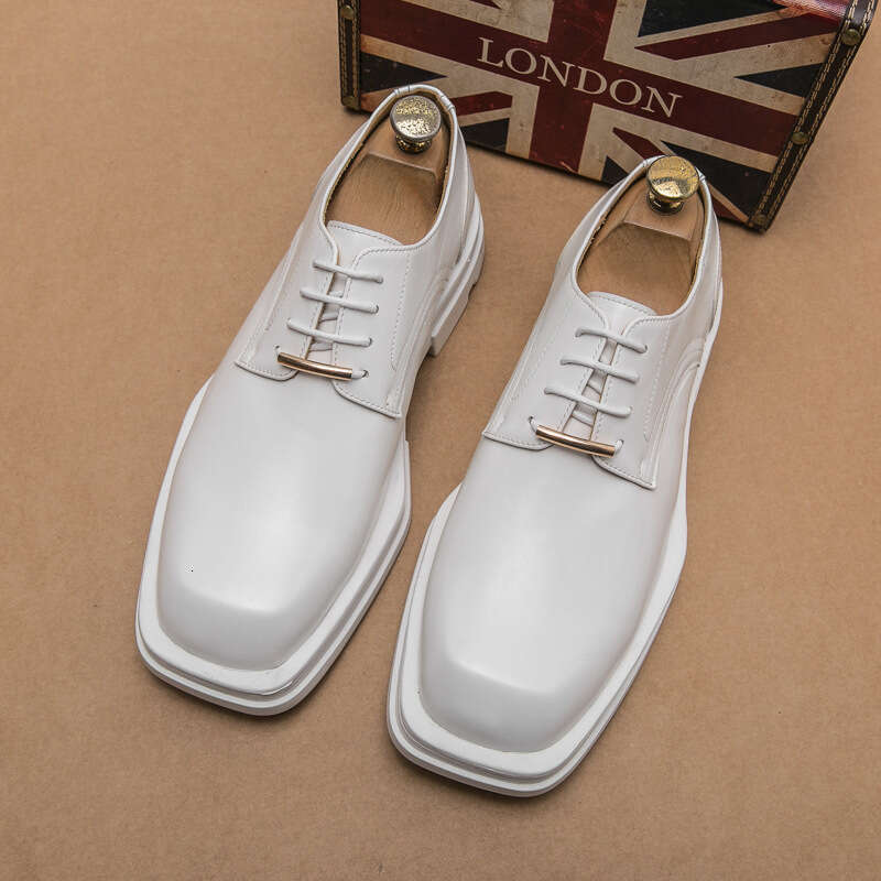 Business Formal New Men's Square Toe Casual Korean Style Trendy Hairstylist Thick Sole White Wedding Leather Shoes