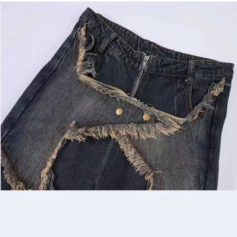 New American Vintage Washed Five-Point Star Frayed Hem Jeans for Women High Street Niche Oversized Straight Leg Long Pants R250716