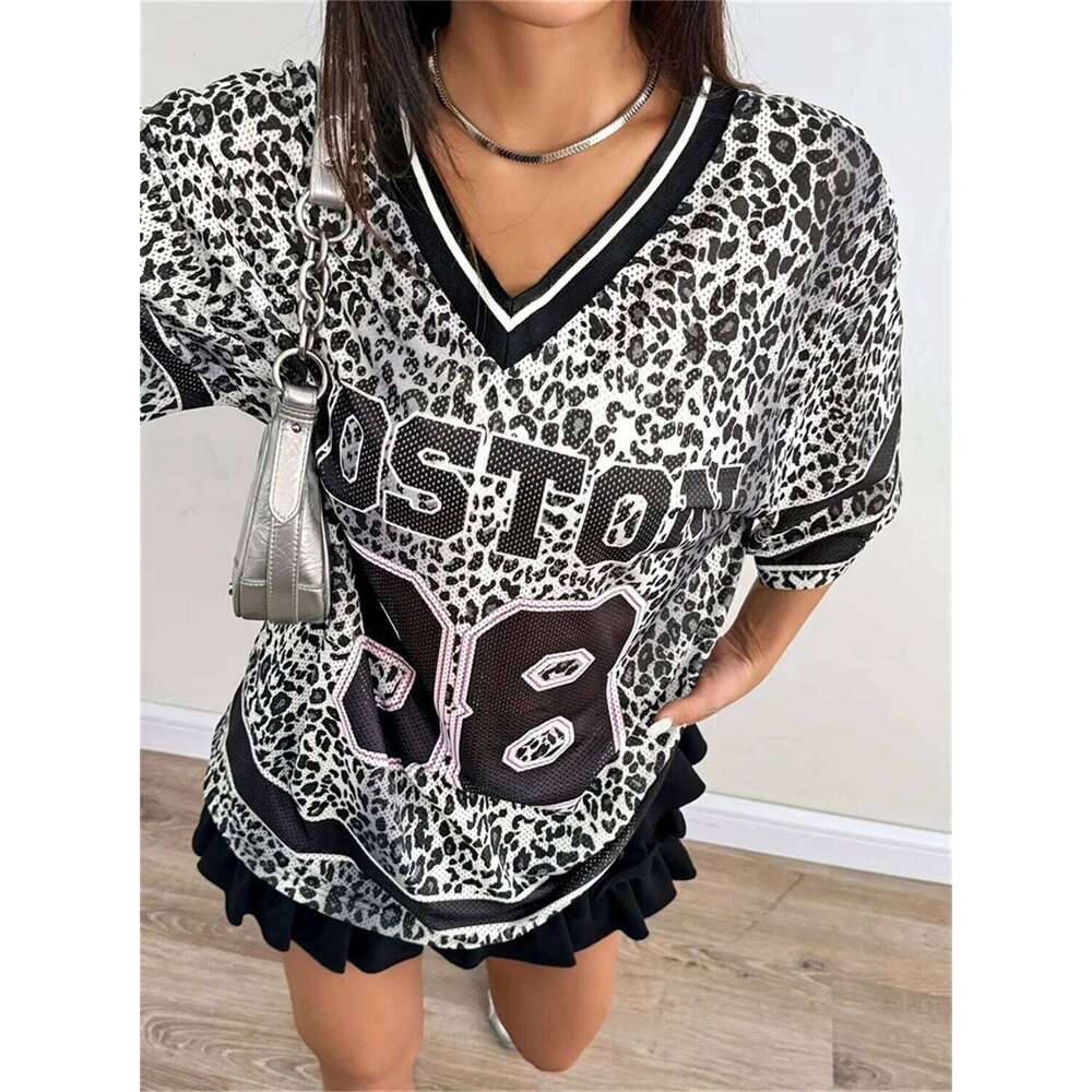 Summer Women'S New Leopard Print Digital Printed Mesh Jersey T-Shirt V Loose And Sexy Short Sleeved Street Wear Y2k Casual Top