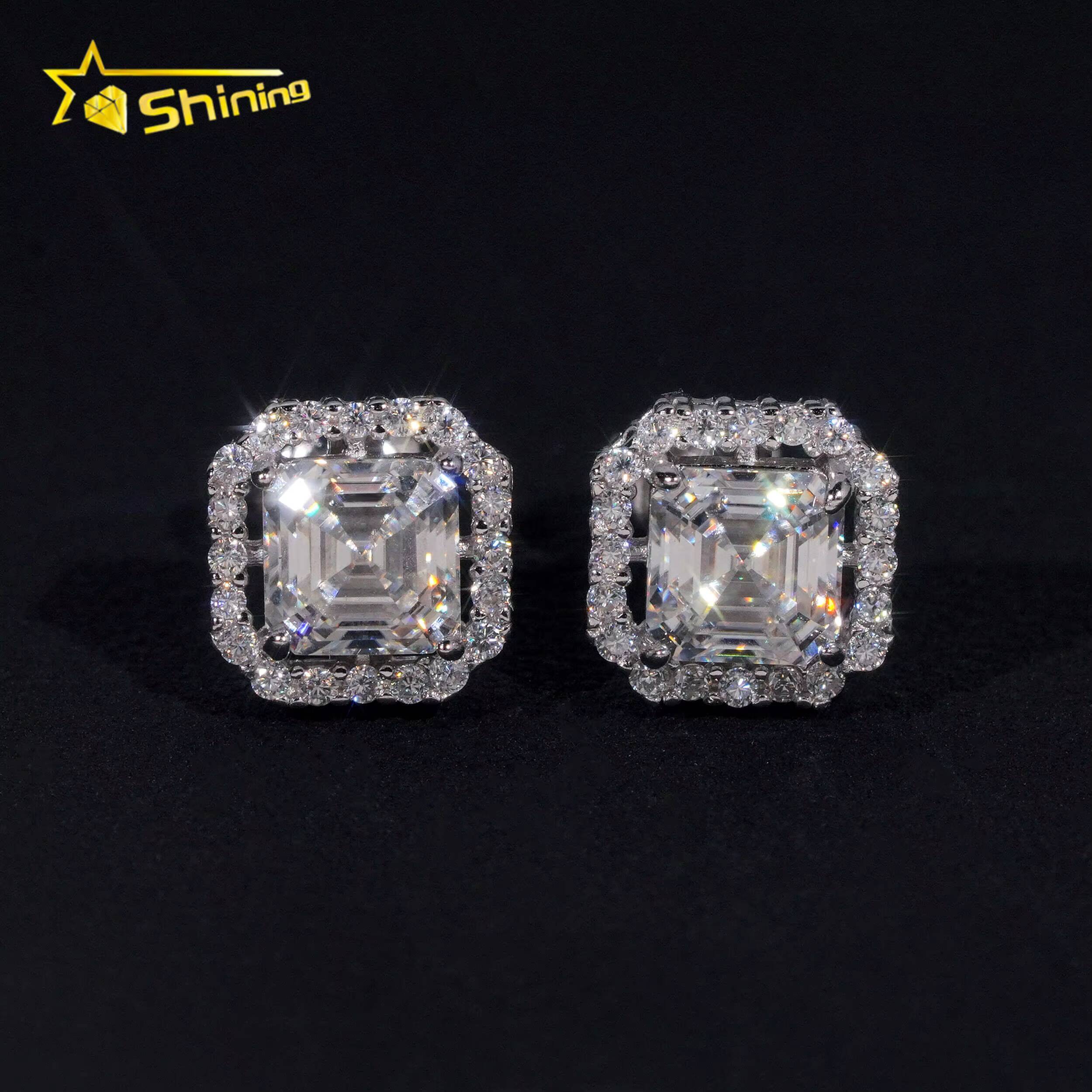 New Stocks Men Women D Color VVS Asscher Cut Moissanite Stud Earrings Fashion Jewelry 925 Silver Hip Hop Earrings