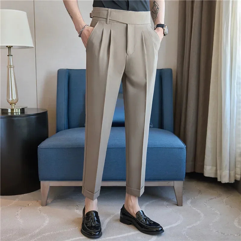 Naples High Waist Casual Pants Fashion Belt Decoration Draping Effect Three-Dimensional Pleated Suit Trousers Light Brown 250707