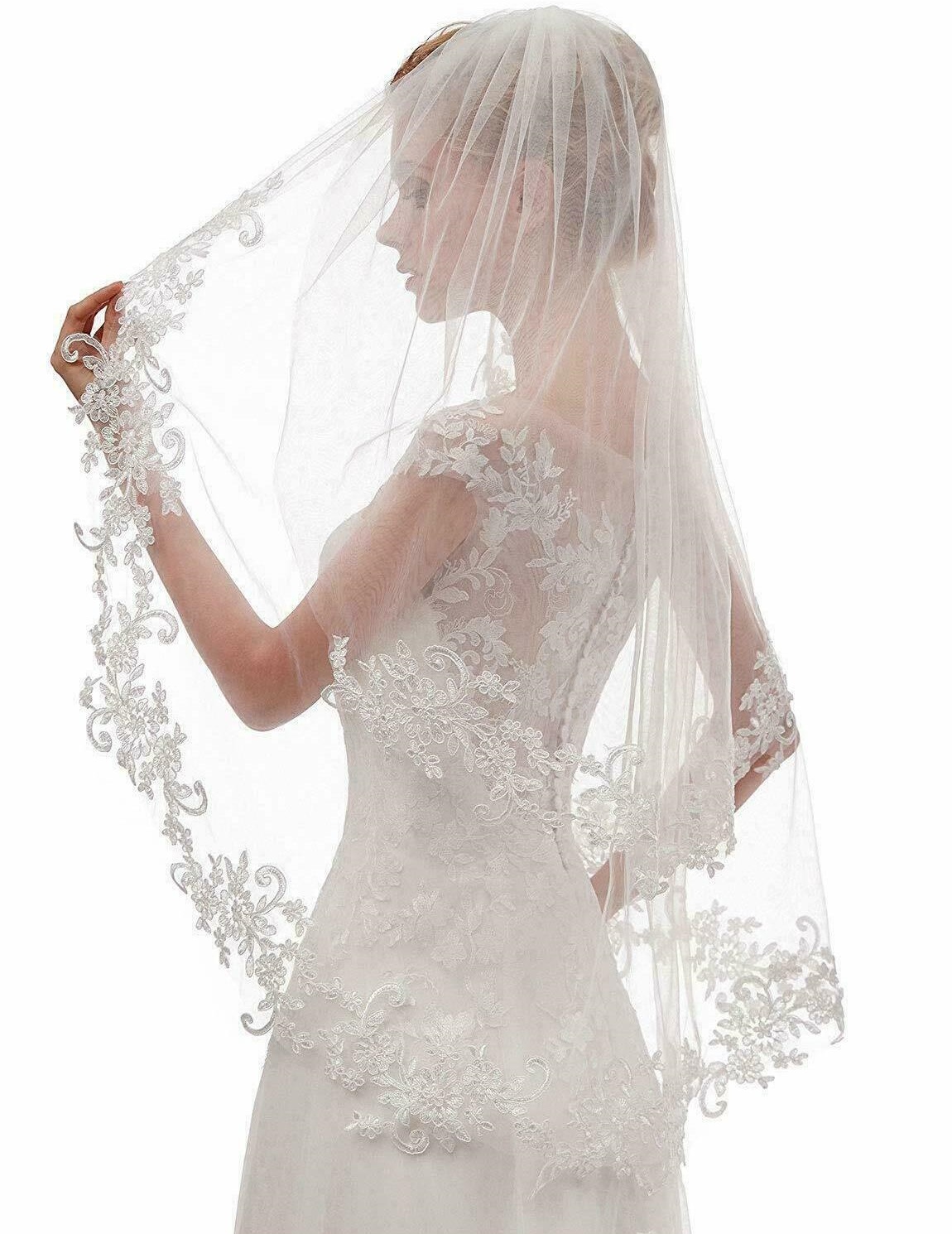 Elegant Bridal Wedding Lace Appliques Edge Bride Double layer Fingertip Length Wedding Veil Accessories