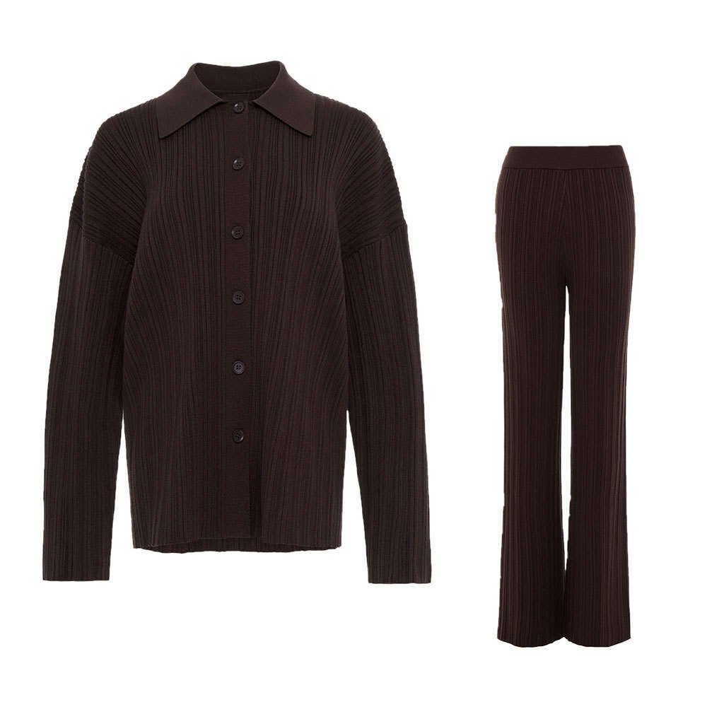 Knitted Autumn Ins New Ribbed Sweater Cardigan + Wide-Leg Pants Two-Piece Set B5