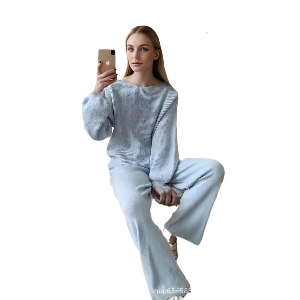 Loose Knit Set For Women Autumn Winter New Round Neck Sweater + Wide Leg Pants B5