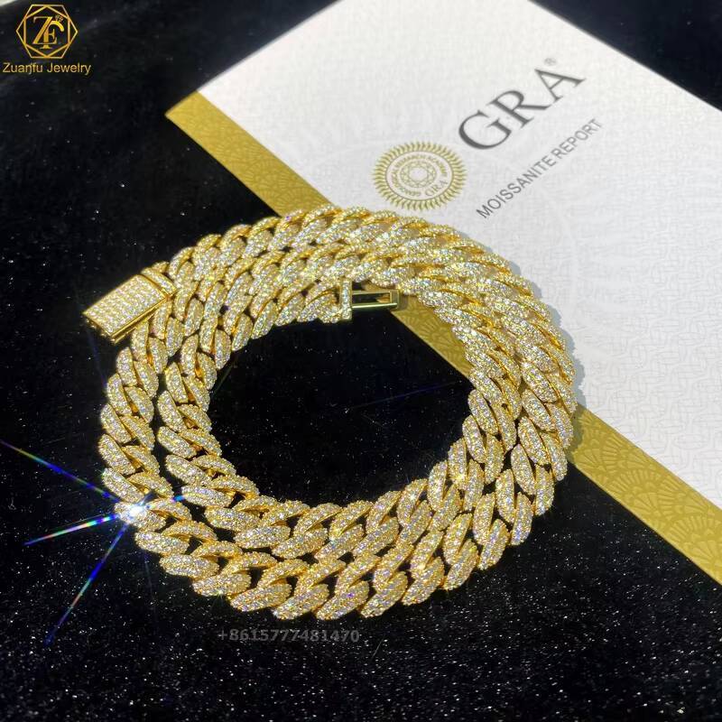 Fine Jewelry Hip Hop Iced Out 14K Gold Plated Miami Cuban Link 12mm 2 Rows Thick Solid 925 Silver VVS Moissanite Cuban Chain