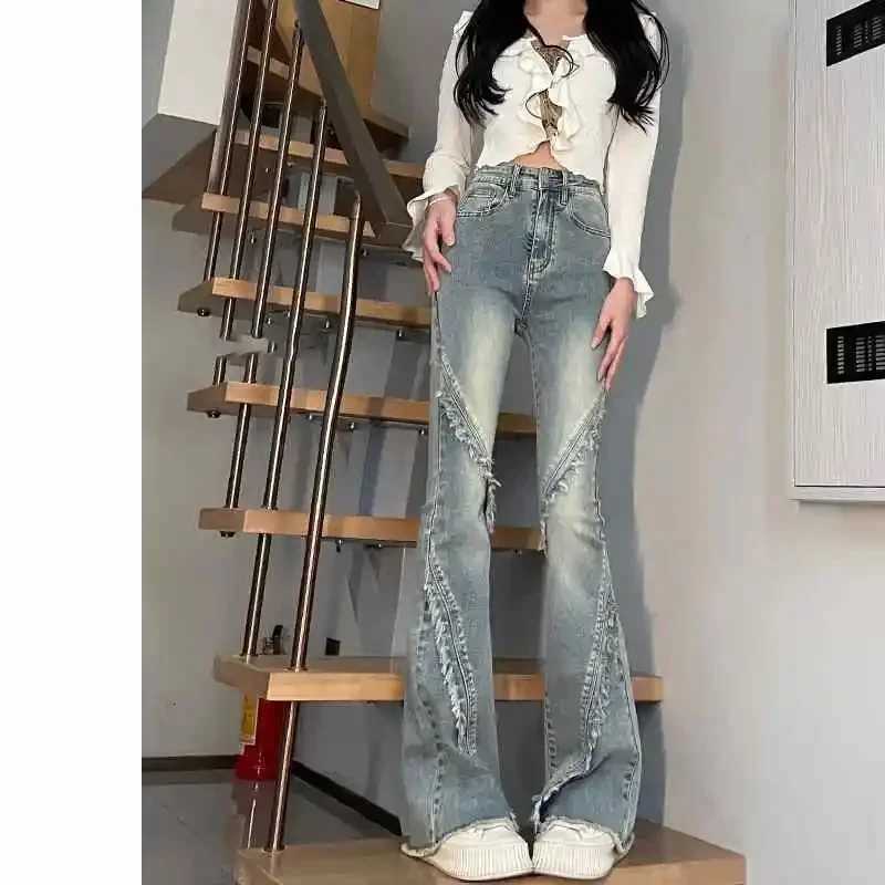 Quality Jeans for Spring and Autumn High Waist Slimming Design Raw Edge Design for Women Patchwork Washed Denim Y2k Flared Jeans R250716