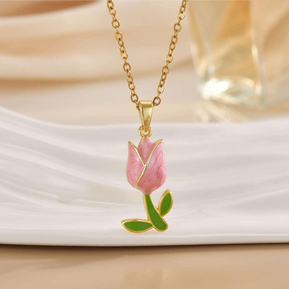 Oil Drop Micro Paved Zircon Colorful Flower Tulip Rose Pendant Necklace For Women Light High-End Feel 3B0