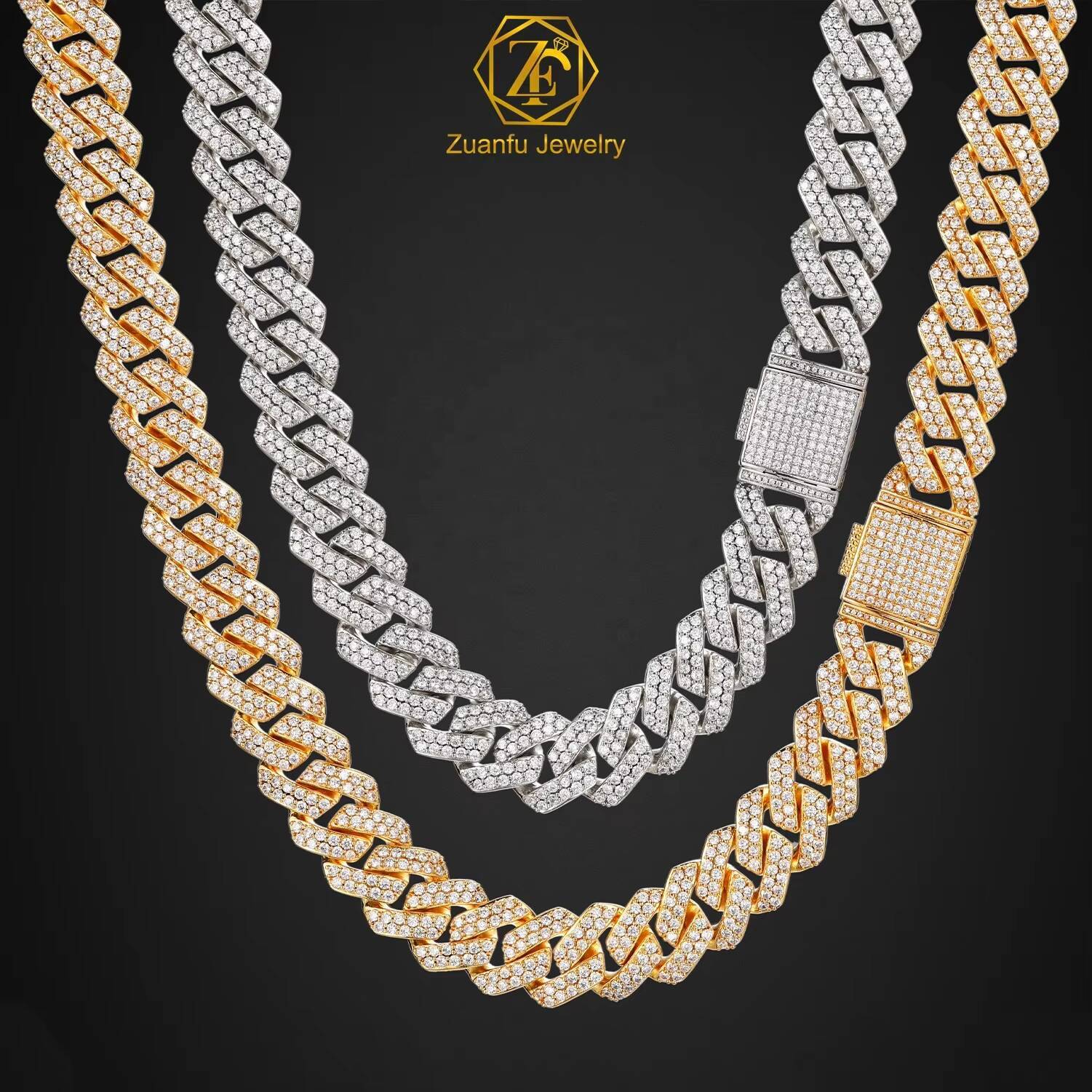 Hip Hop Jewelry 18mm 2 Rows 20 Inches Iced Out Diamond Miami Men 925 Sterling Silver Cuban Link Necklace
