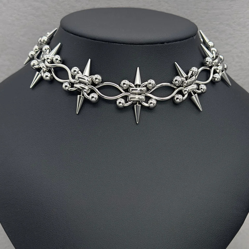 Handmade Punk Rock Piercing Spike Double Layer Chain Cross Choker for Women Men Grunge Fashion Stainless Steel Rivet Necklace 250716