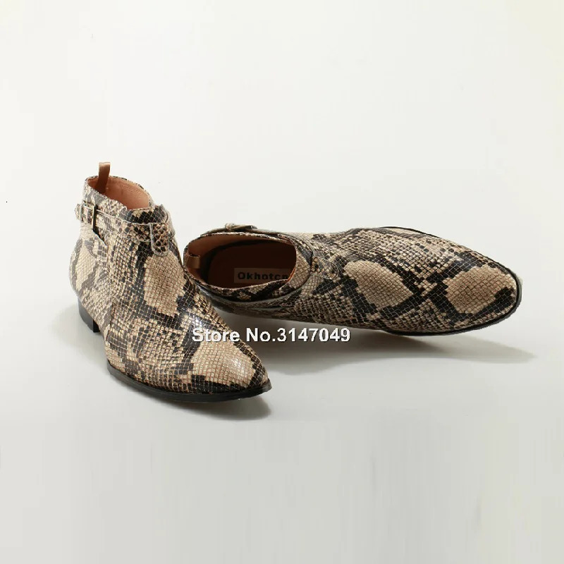 Fashion Embossed Python Leather Buckle Strap Men Ankle Boots Snakeskin Flat Heels Runways Cowboy Riding Boots Chelsea Boots 250715