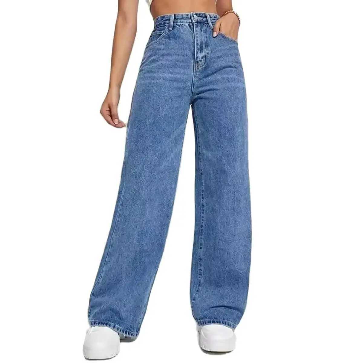 Fashion Retro Blue Jeans Women Y2K High Street Baggy Straight Pants High Waisted All-in-One Slim Pants R250716