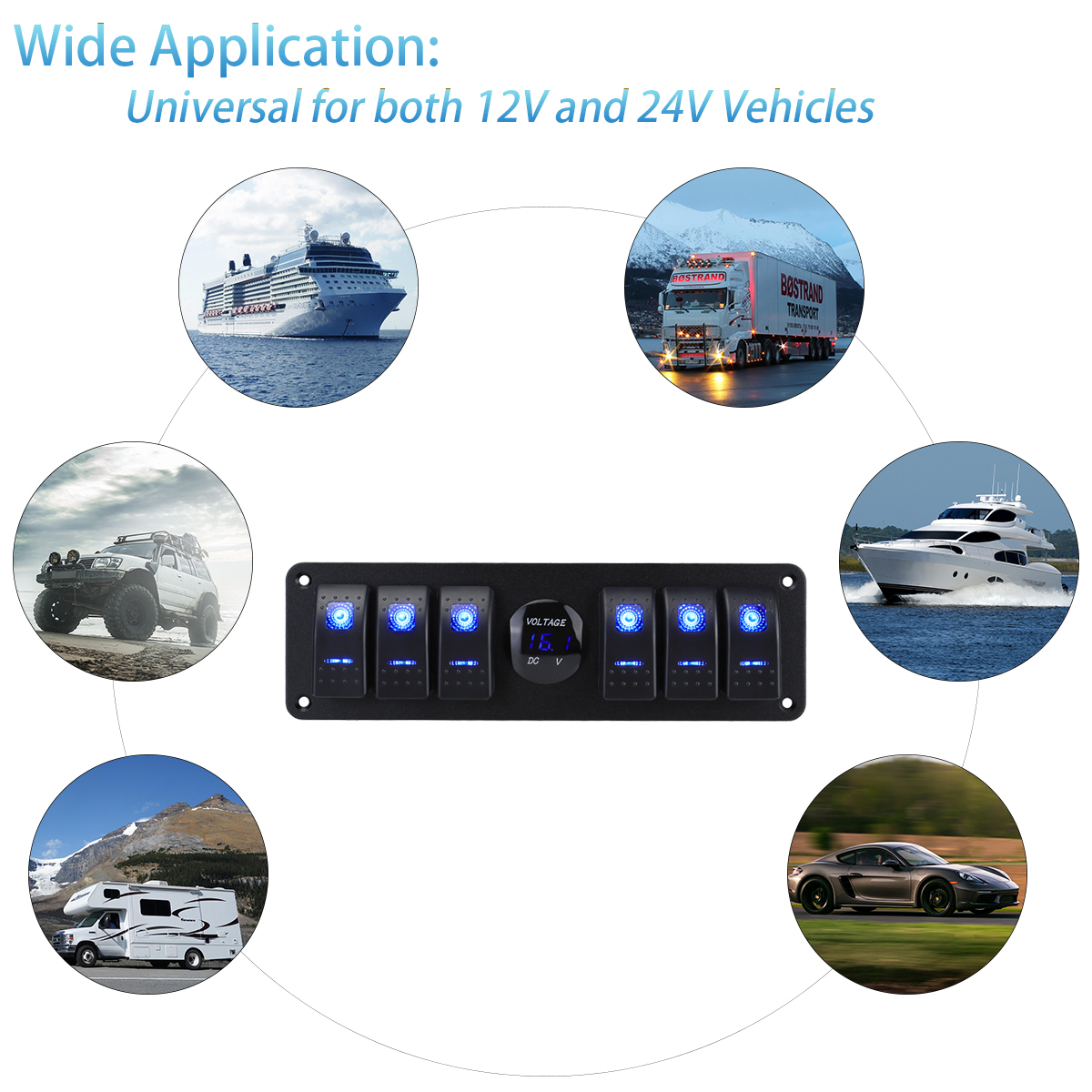 6 sets of rocker switch panels with voltmeter, suitable for cars, trucks, boats, and RVs (12V-24V)