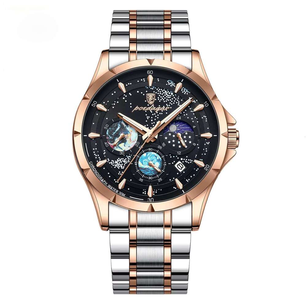 DHwatches Men's Multifunction Sports Watch - 50M Waterproof Stainless Steel Chronograph with Moon Phase & Date (Model 916)