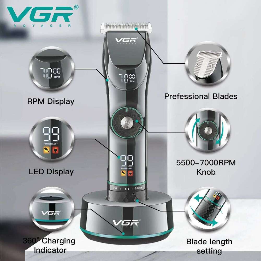 VGR 15 Motor Speed Adjustable Trimmer Beard Hair Clipper Electric Barber LED Display Trimer For Men With Base V-256