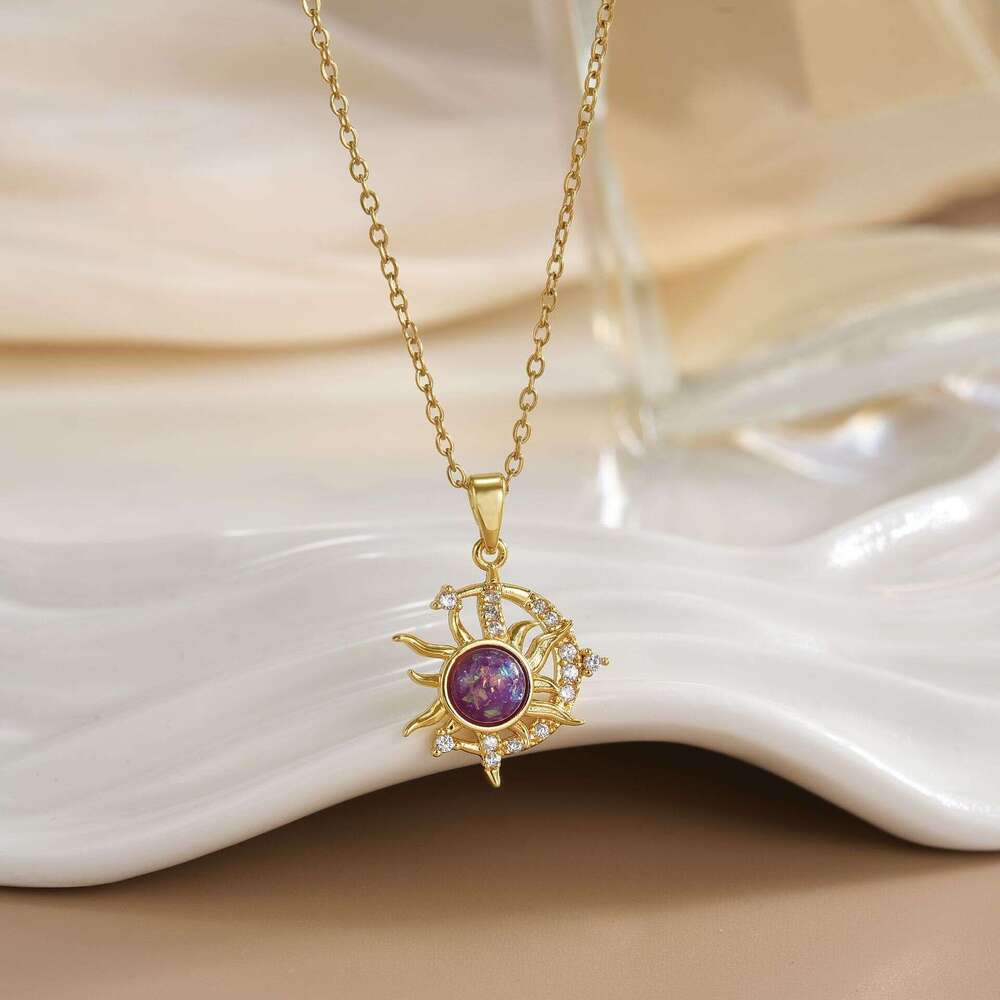 Gold-Plated Copper Opal Temperature-Sensitive Sun And Moon Pendant Micro-Paved Zirconia Titanium Steel Necklace 862