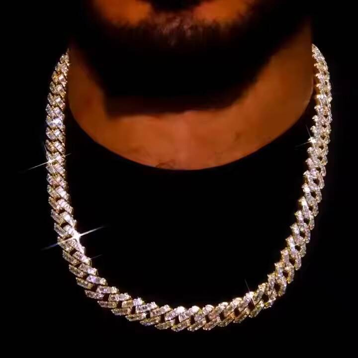 Customized 18mm Cuban Link Moissanite Diamond Chain High Quality 925 Sterling Silver with Yellow Gold Finish Jewelry Piece